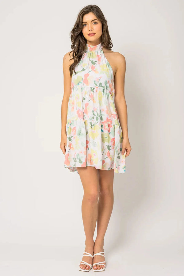 Sleeveless Halter Floral Shirred Mini Dress