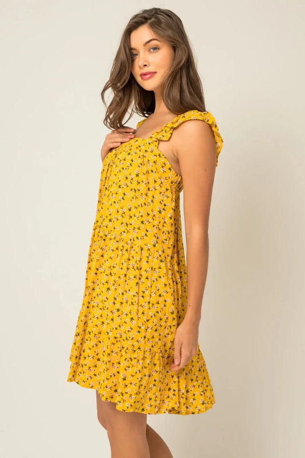 Square Neck Ditsy Print Mini Dress with Ruffle Shoulders