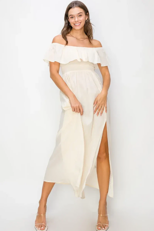 Off Shoulder Ruffled Tiered Smocked Midi Dress with Side Slit