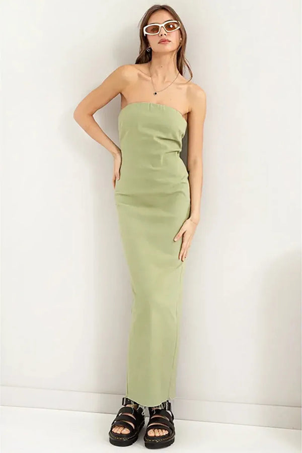 Minimalist Raw Hem Strapless Back Slit Column Tube Maxi Dress