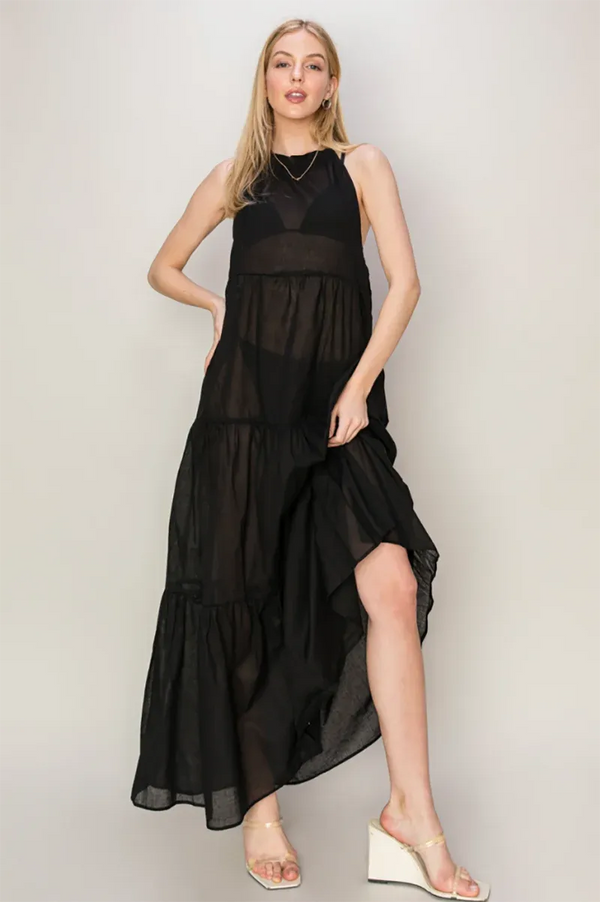 Semi Sheer Halter Neck Tiered Maxi Cover-Up Dress