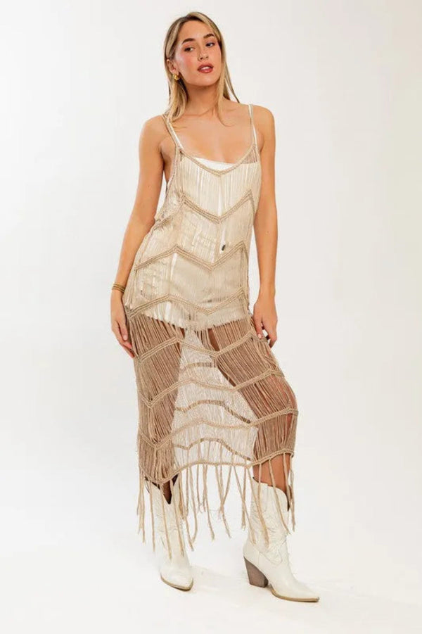 Chevron Fringe Pattern Maxi Dress with Beach Cover Design