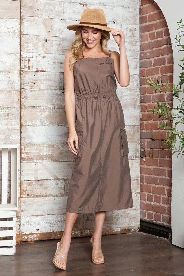 Utility Midi Dress with Zipper Pockets and Drawstring Waist