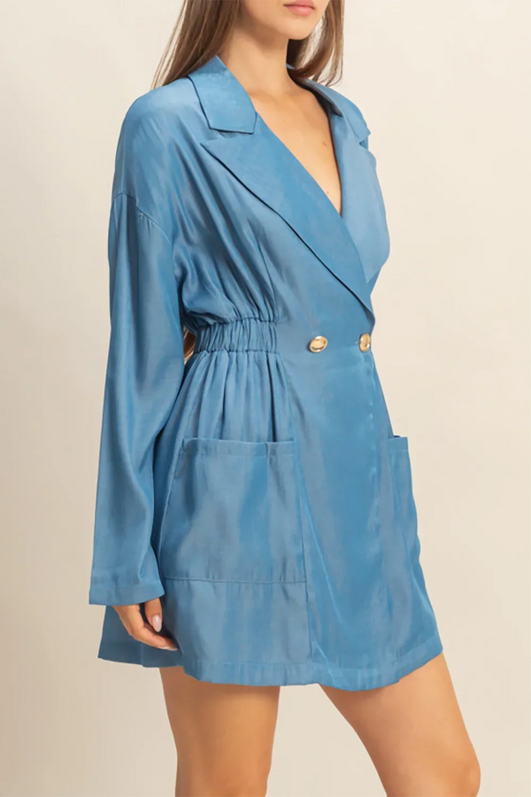 Long Sleeve Chambray Wrap Mini Shirt Dress with Gold Buttons