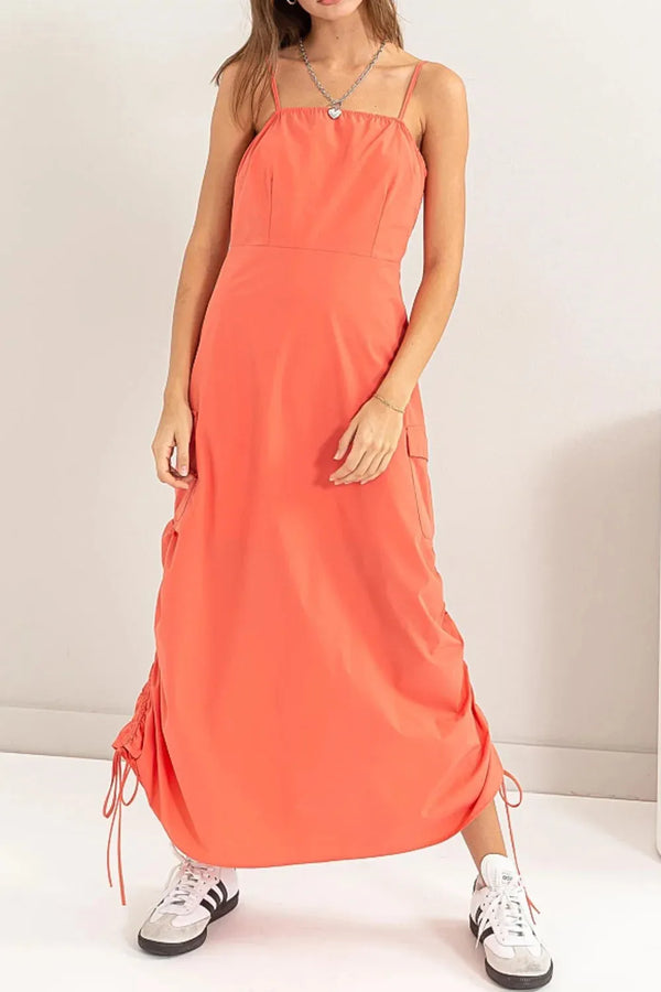 Streetwear Sleeveless Side Ruched Midi Cargo Dress