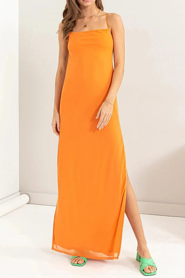 Sheer Spaghetti Strap Maxi Dress with Open Back and Side Slits