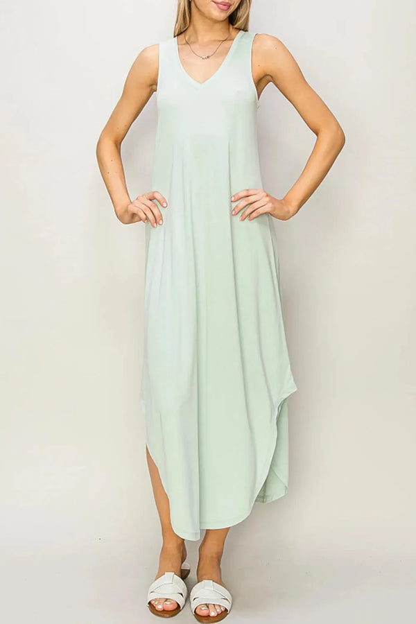 Soft Hi-Low Sleeveless V-Neck Midi Dress with Curved Hem